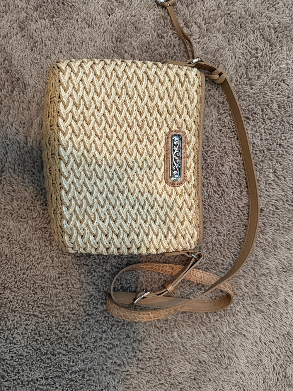 Brighton Beige Woven Crossbody with Tan Leather Strap